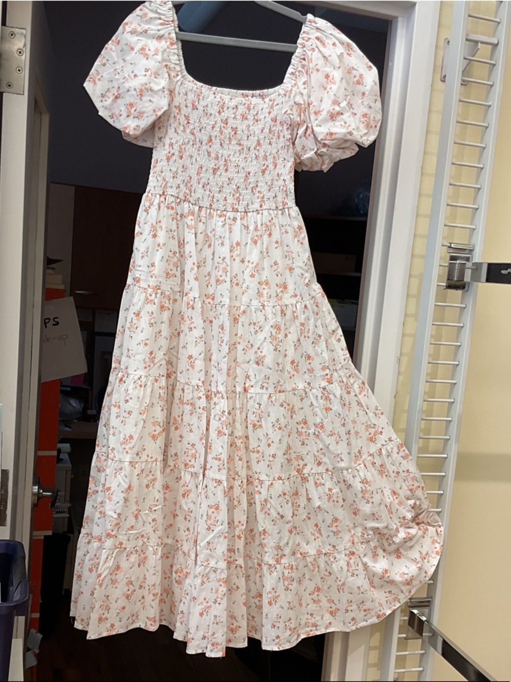 Smocked Puff-Sleeve Floral Maxi Dress - White with Peach Floral